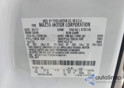 2011 Mazda Tribute I Sport z USA, uszkodzony, nr VIN 4F2CY0C72BKM06741